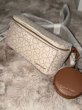 Calvin Klein Cream Monogram Crossbody with Tan Coin Pouch